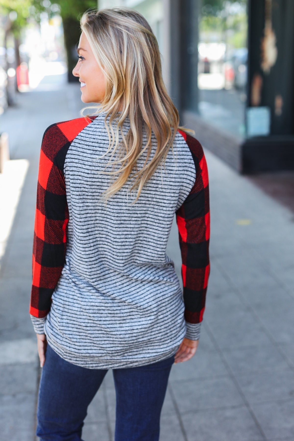 354. Adorable Red & Grey Striped Plaid Longline Raglan Top