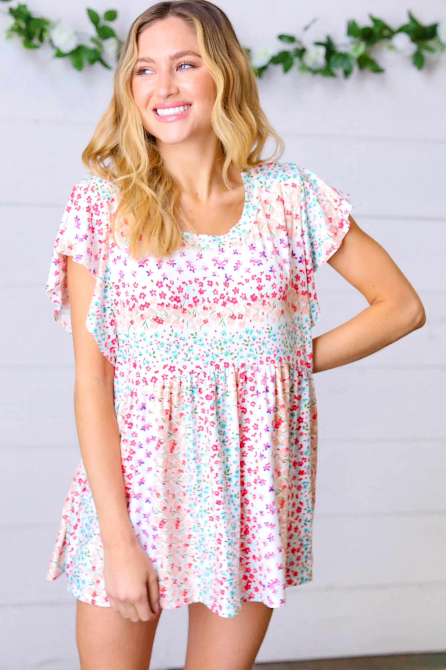 Ivory & Magenta Floral Stripes Babydoll Top