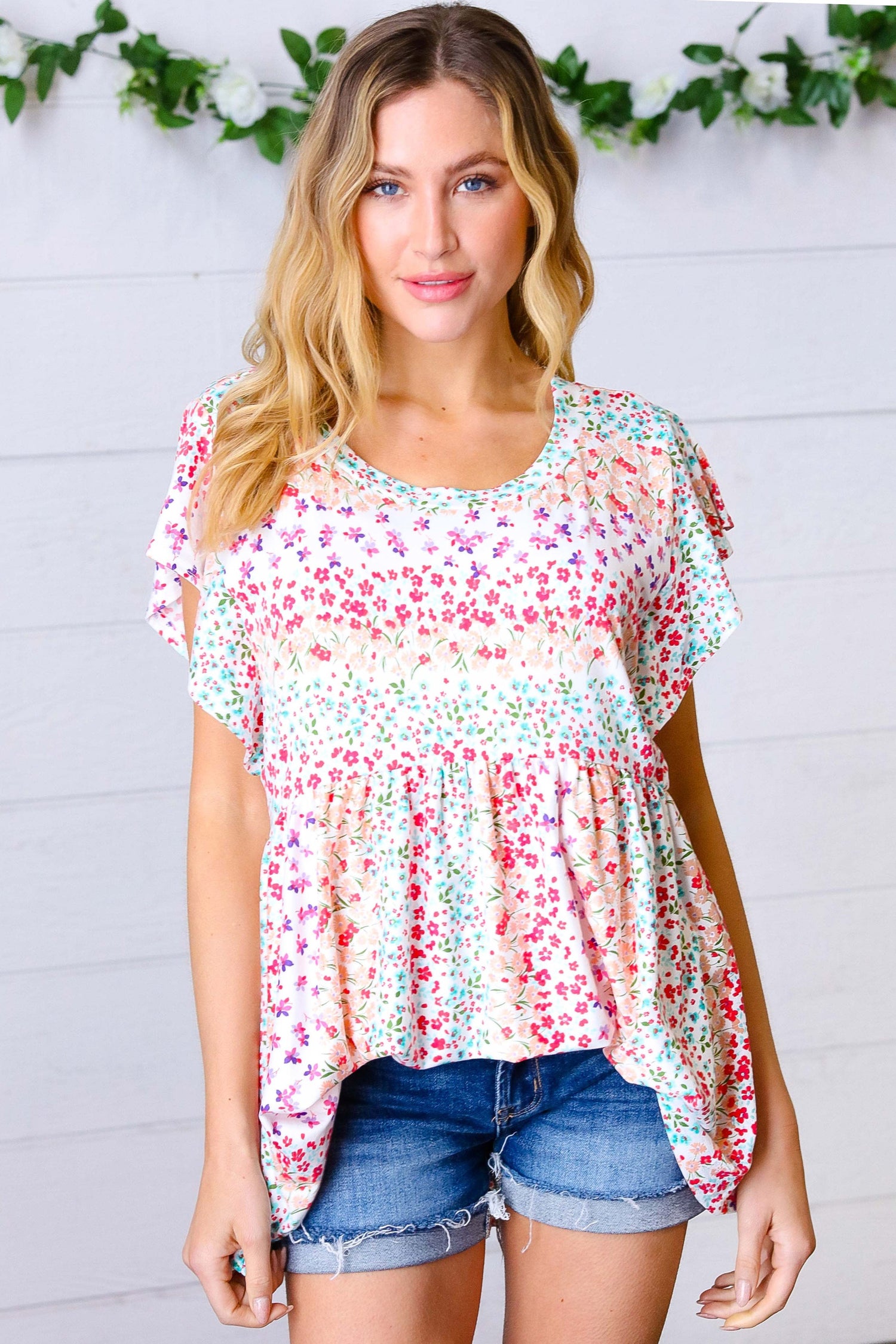 Ivory & Magenta Floral Stripes Babydoll Top