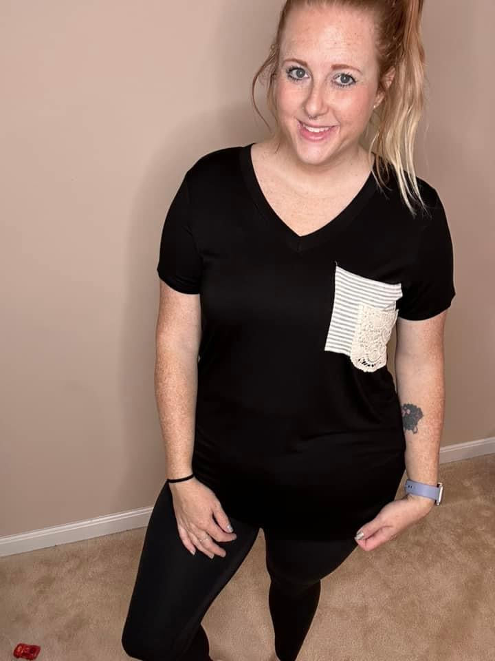 Solid Top with Striped and Lace Pocket-BLACK