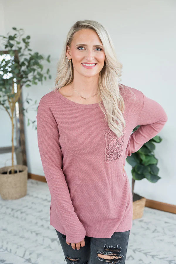 Mauve Crochet Pocket Long Sleeve Top