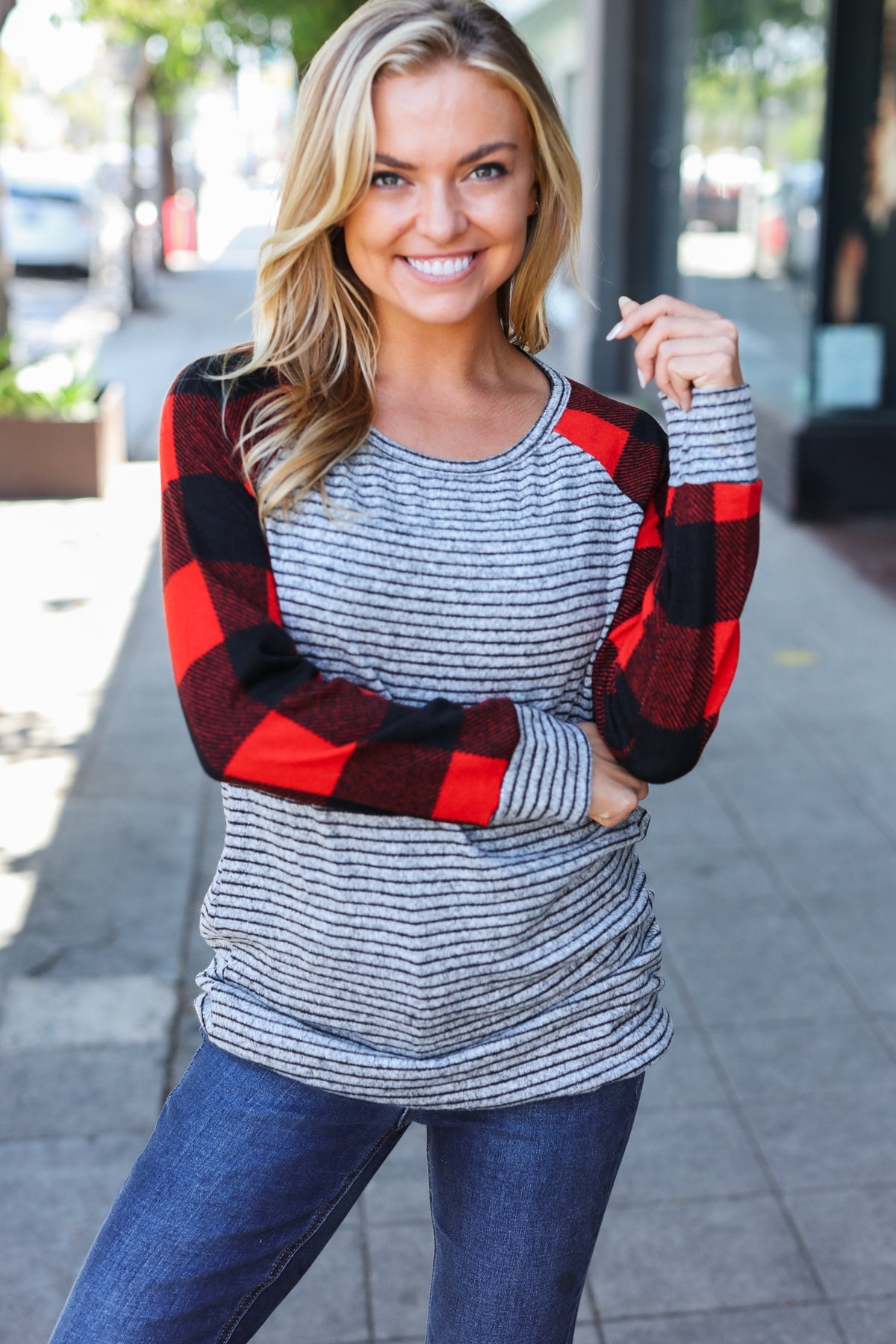 354. Adorable Red & Grey Striped Plaid Longline Raglan Top