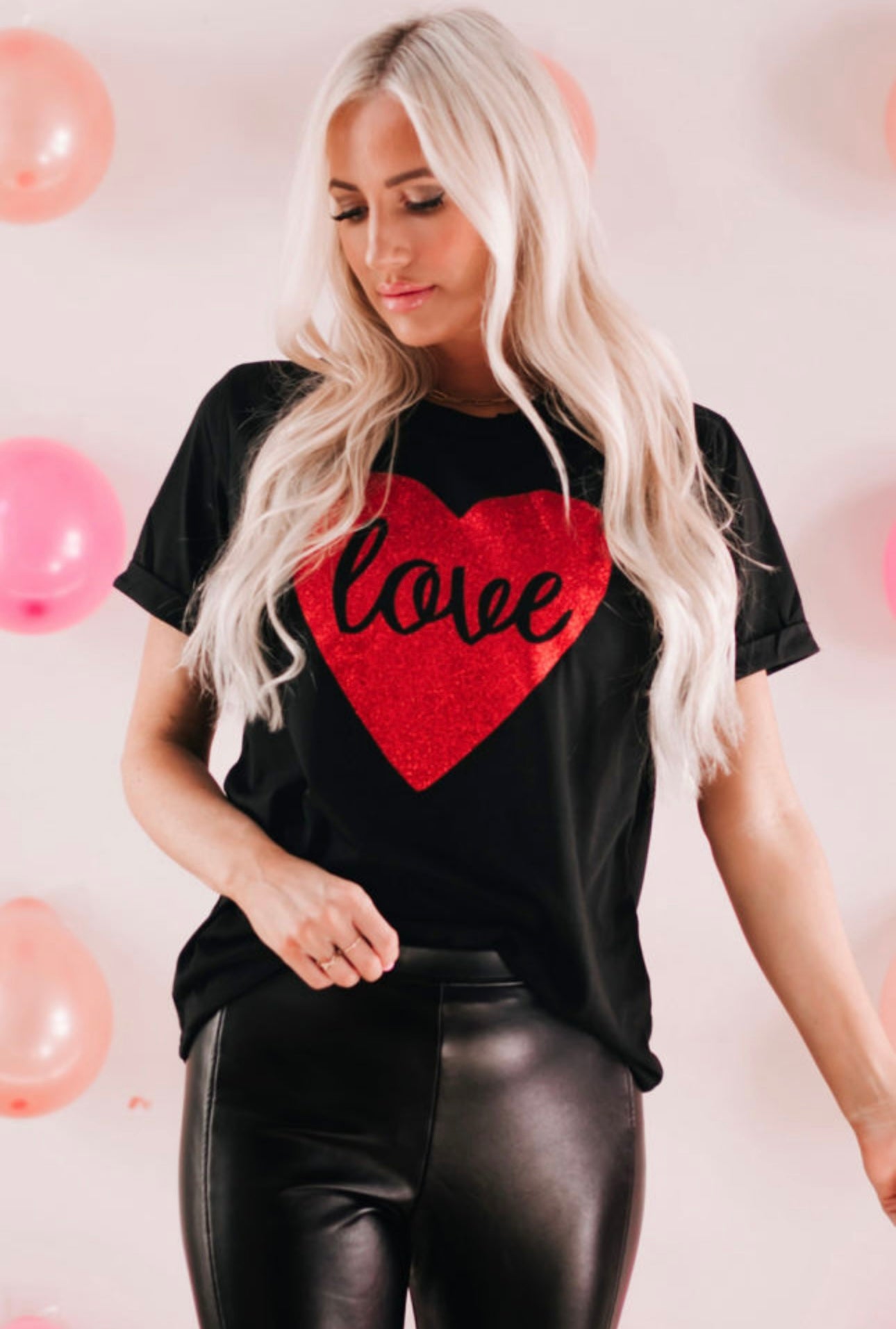 Black Love Heart Shaped Glitter Print T shirt