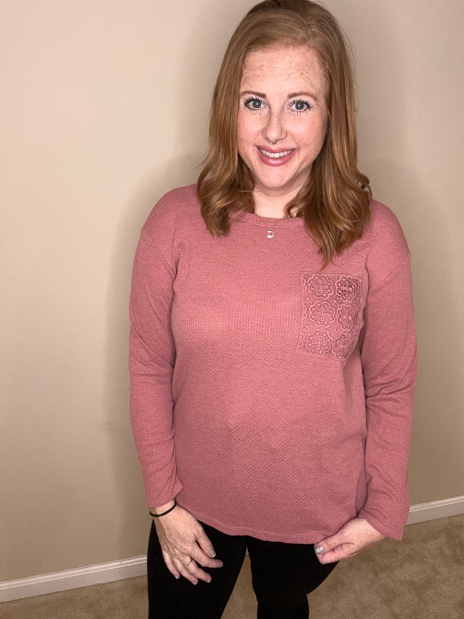 Mauve Crochet Pocket Long Sleeve Top